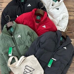 Adidas Puffer Jackets in Black, Red, White, Green, and Gray